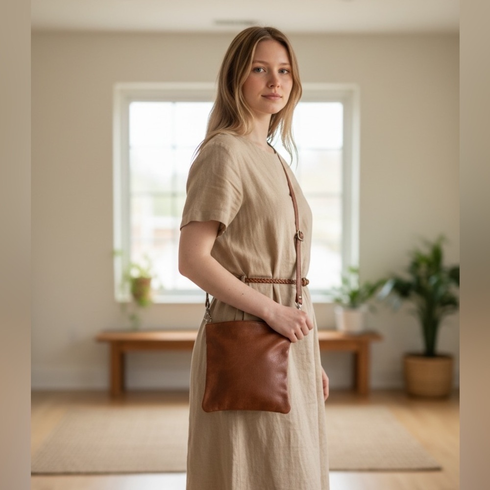 VICTORIA LEATHER CO vintage leather crossbody bag, medium brown. - Picture 2 of 9